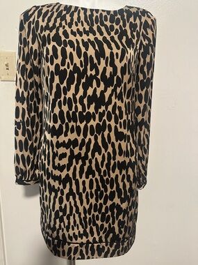 LOFT Beige and Black Leopard Print Long Sleeve Shift Dress
